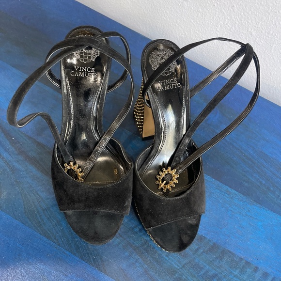 Vince Camuto Black and Gold Studded Wedge Sandals - Picture 3 of 15